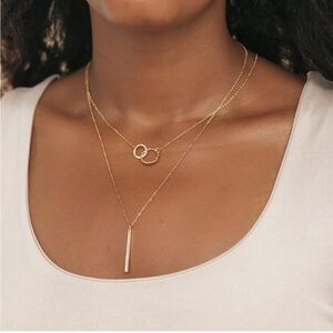 GOLD 14k Gold Plated 2pc Bar Hand Cuff Necklace Set